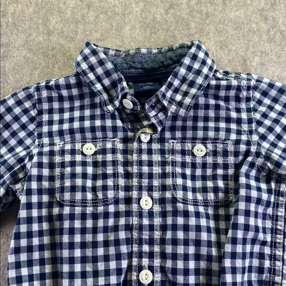 GAP Baby Blue Plaid Button Front Collared Shirt One Piece Size 6-12 Months